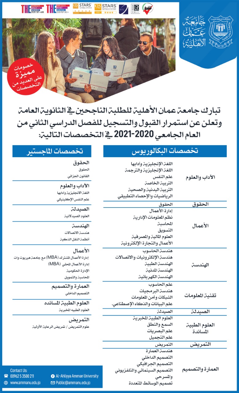 عمان الاهلية تعلن عن استمرار القبول والتسجيل للفصل الدراسي الثاني من العام الجامعي 2020-2021